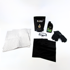 Collection of items including a white filter, black bag labeled 'SORB', a bottle, goggles, and gloves on a white background.