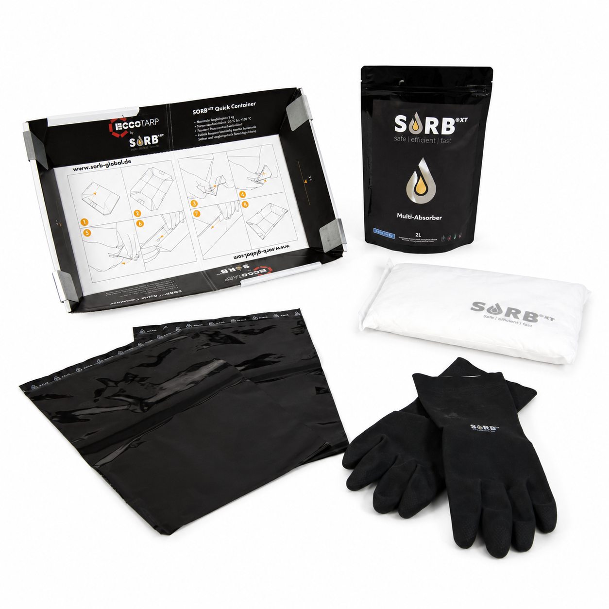 SORB emergency preparedness kit with gloves, bags, and a map on a white background