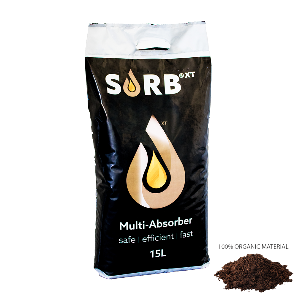 Sorb XT multi-absorber bag with a small pile of dark material on a white background