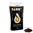 Sorb XT multi-absorber bag with a small pile of dark material on a white background