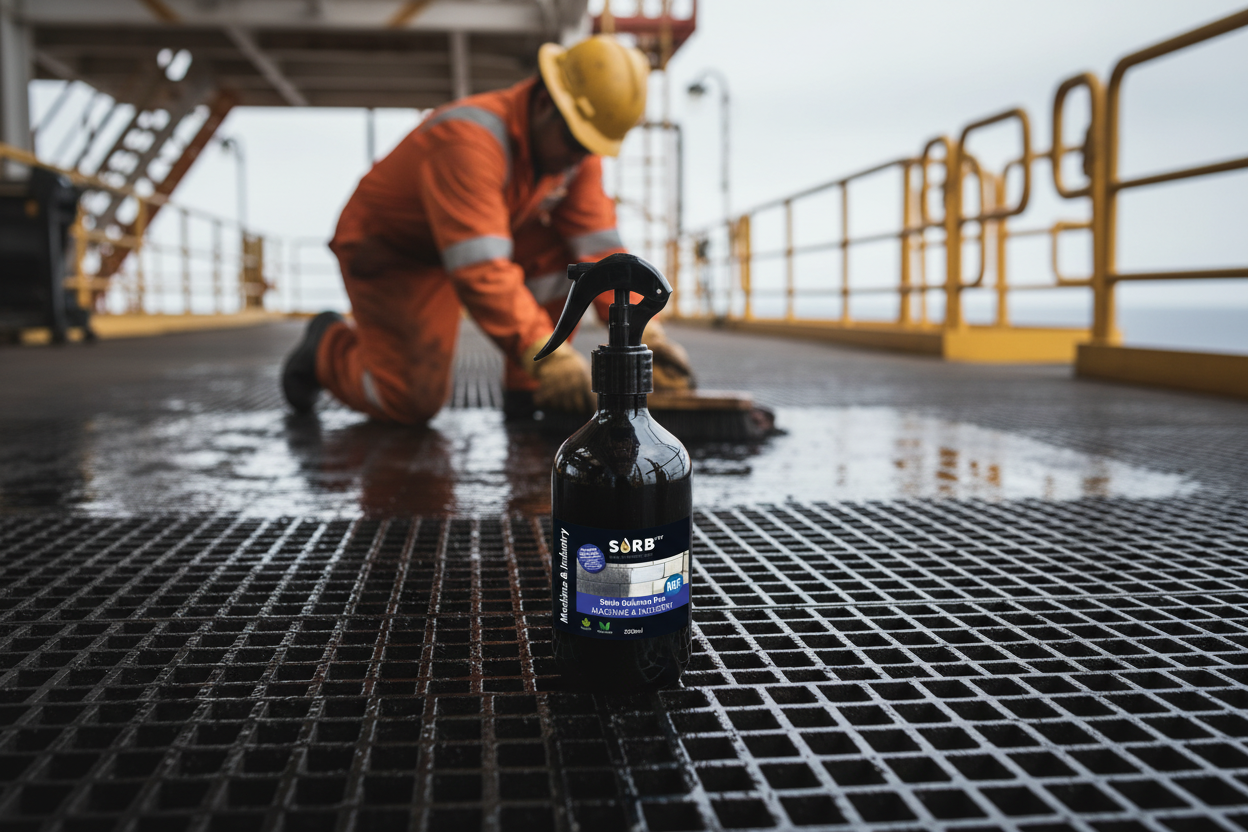 Person in orange jumpsuit and hard hat on an industrial platform with a bottle of SORB product.