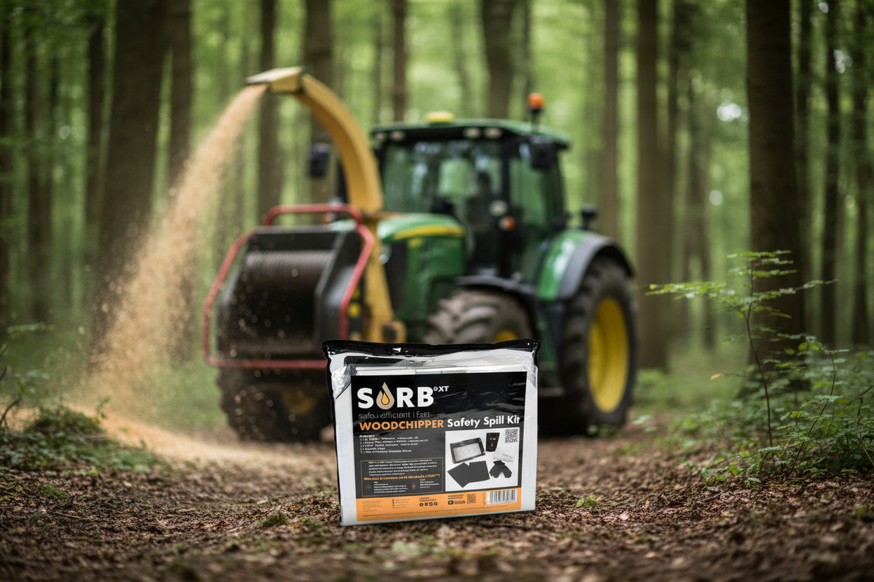 Tractor operating in a forest with a SORB safety spill kit in the foreground.