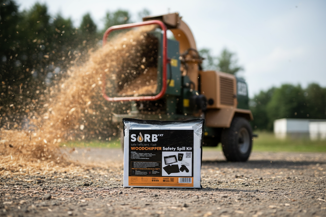 Sorb woodchipper safety spill kit in front of a woodchipper machine